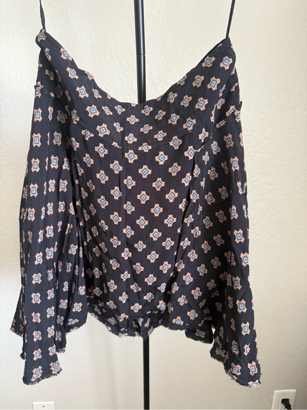Free People Black Mini Skirt with Cream and Blue Geo Print Size 2